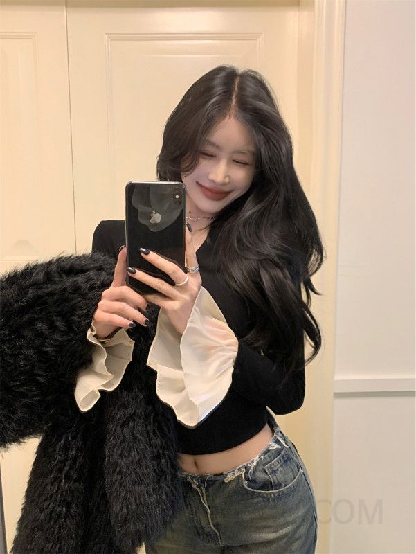 여성용 긴팔 티셔츠 가을 겨울 플레어 슬리브 스타일 레이어드 이너웨어 스플라이싱 디자인 캐주얼한 착용감 데일리 활용도 높은 - 상세 이미지 2