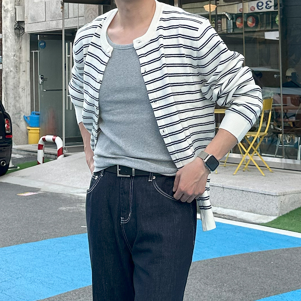 남자 가디건 라운드 단가라 스트라이프 캐시미어 가디건 - 메인 이미지