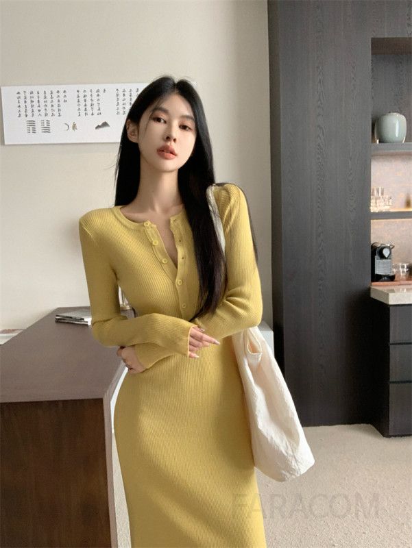 가을 겨울 레이어드 스트라이프 긴팔 니트 원피스 여성용 슬림핏 데일리룩 따뜻한 착용감 편안한 외출 스타일 트렌디한 디자인 - 상세 이미지 2