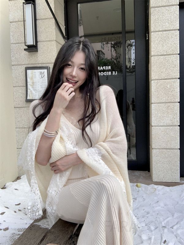 레이스 스플라이싱 모헤어 긴팔 드레스 여성용 가을 겨울 우아한 스타일 셀프 웨딩 드레스 레이어드 원피스 빅사이즈 가능 - 상세 이미지 4