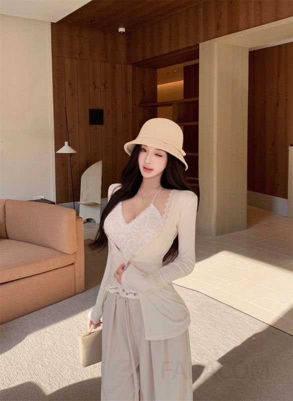 레이스 홀터넥 베스트와 자외선 차단 긴팔 가디건 포함 여성 캐주얼 와이드 팬츠 세트 초가을 공항룩 스타일 트렌디한 데일리 착용감 좋은 - 상세 이미지 2
