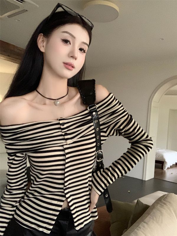 가을 여성 슬림핏 원숄더 긴팔 스트라이프 탑 어깨트임 스타일 캐주얼한 디자인 데일리룩 편안한 착용감 매력적인 티셔츠 - 상세 이미지 4