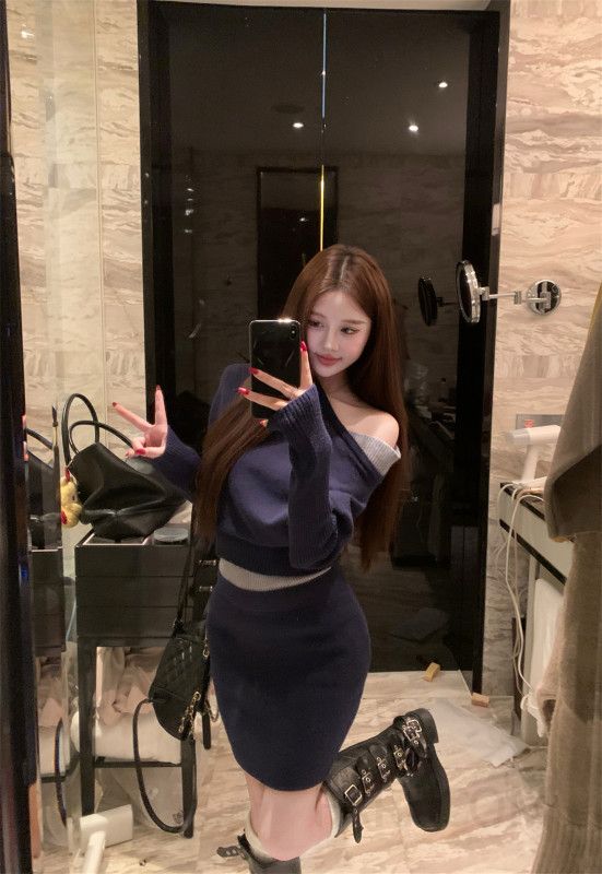 여성 캐주얼 가을 니트투피스세트 모달 컬러블록 배트슬리브 상하의 세트 스타일리시한 디자인 편안한 착용감 데일리룩 추천 - 상세 이미지 2