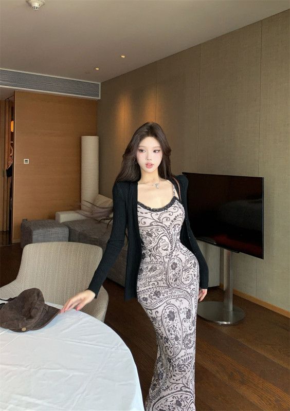 레이스 스플라이싱 레트로 프린트 여성 원피스 순면 스웨터 세트 가을 하객룩으로 적합한 스타일의 데일리 오피스룩 - 상세 이미지 2