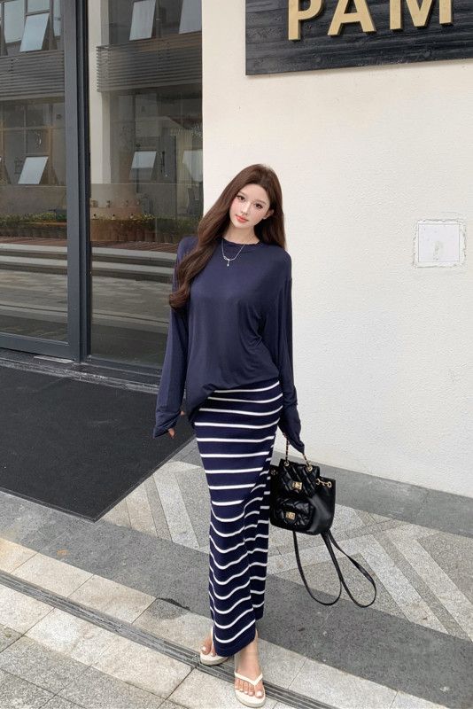 여성 긴팔 라운드 티셔츠 스커트 초가을 얇고 편안한 루즈핏 캐주얼 스타일 데일리웨어 레이어드 가능 외출용 - 상세 이미지 2