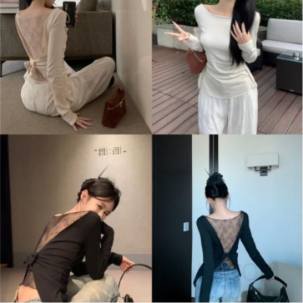 여성 긴팔 티셔츠 초가을 백레이스 디자인 레이어드 스타일 감각적인 핫걸 무드의 라운드 캐주얼하면서도 세련된 이너 바텀으로 활용 가능한 트렌디한 아이템 - 상품 이미지