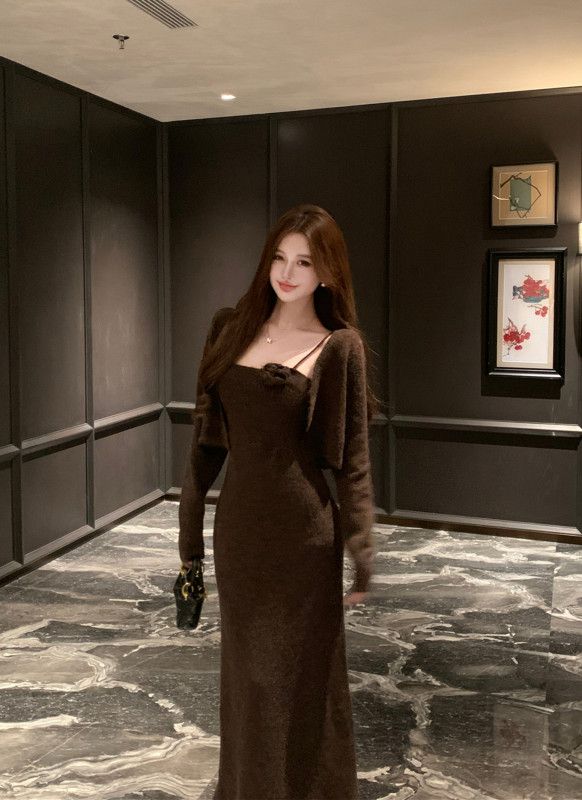 가을 플라워 패턴 슬림핏 긴팔 니트 원피스 레이어드 스타일 여성용 하이엔드 롱 스커트 데일리 캐주얼룩 - 상세 이미지 5