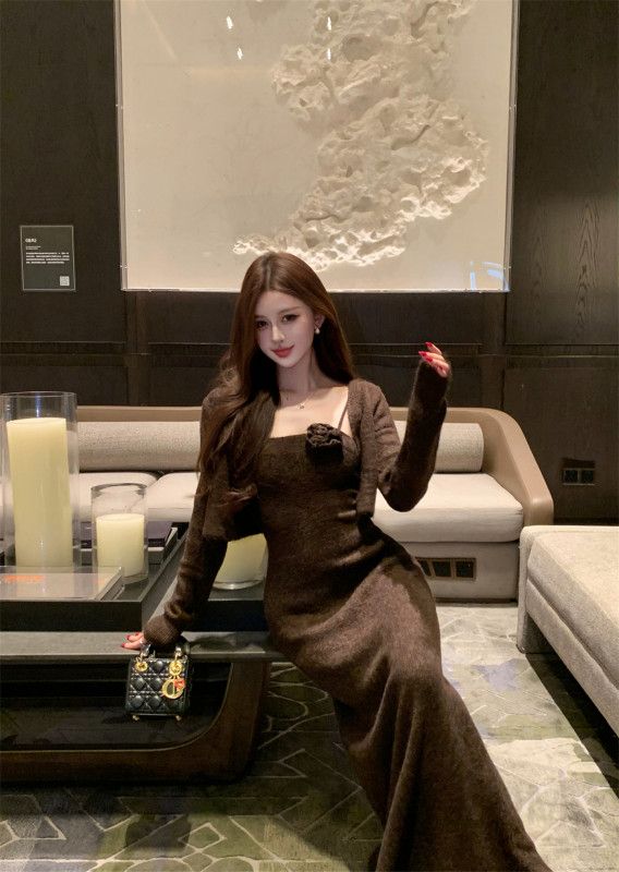 가을 플라워 패턴 슬림핏 긴팔 니트 원피스 레이어드 스타일 여성용 하이엔드 롱 스커트 데일리 캐주얼룩 - 상세 이미지 3