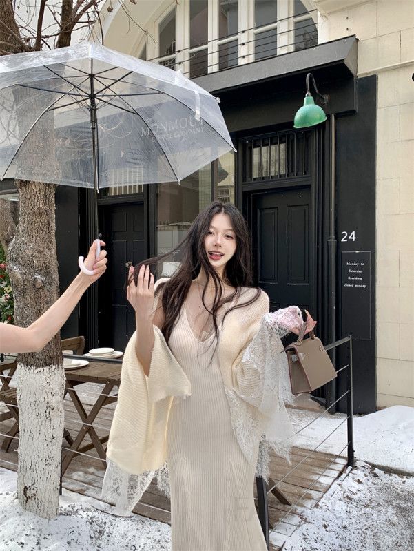 레이스 스플라이싱 모헤어 긴팔 드레스 여성용 가을 겨울 우아한 스타일 셀프 웨딩 드레스 레이어드 원피스 빅사이즈 가능 - 상세 이미지 3