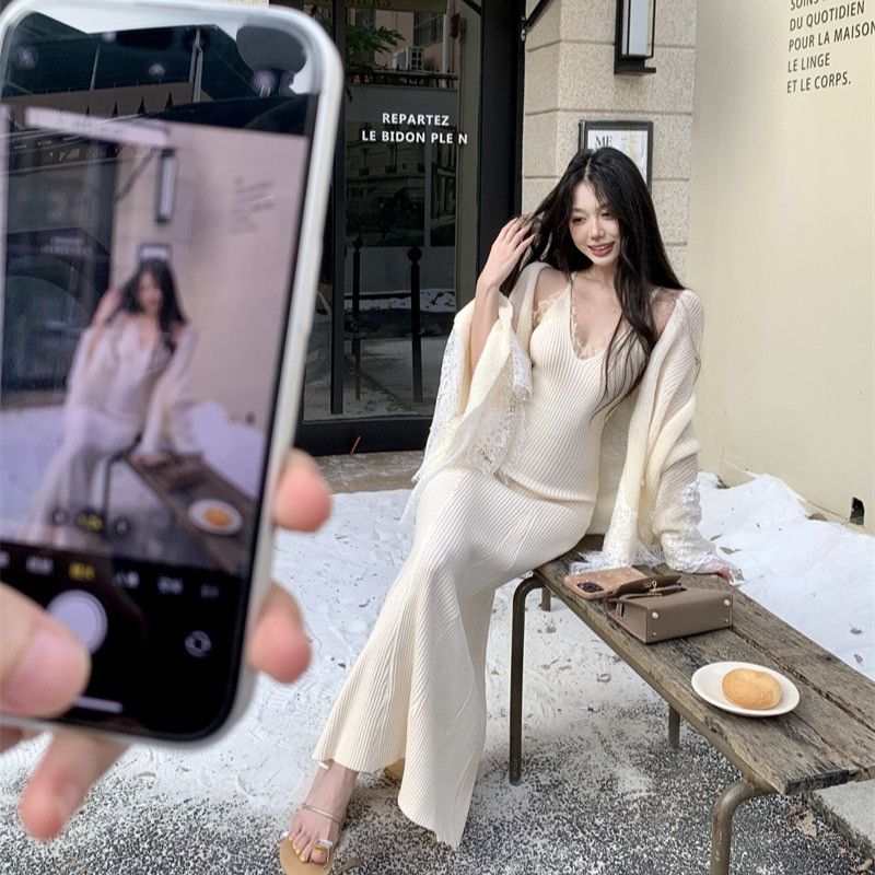 레이스 스플라이싱 모헤어 긴팔 드레스 여성용 가을 겨울 우아한 스타일 셀프 웨딩 드레스 레이어드 원피스 빅사이즈 가능 - 상세 이미지 5