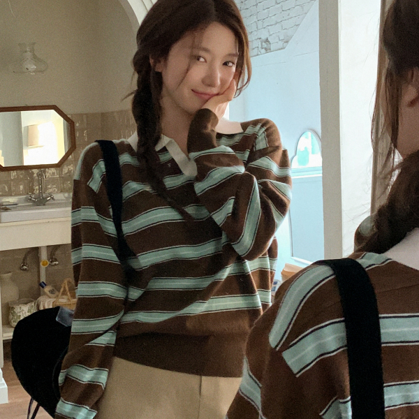 배색 스트라이프 펜던트 카라넥 니트 nt5236 제품 이미지