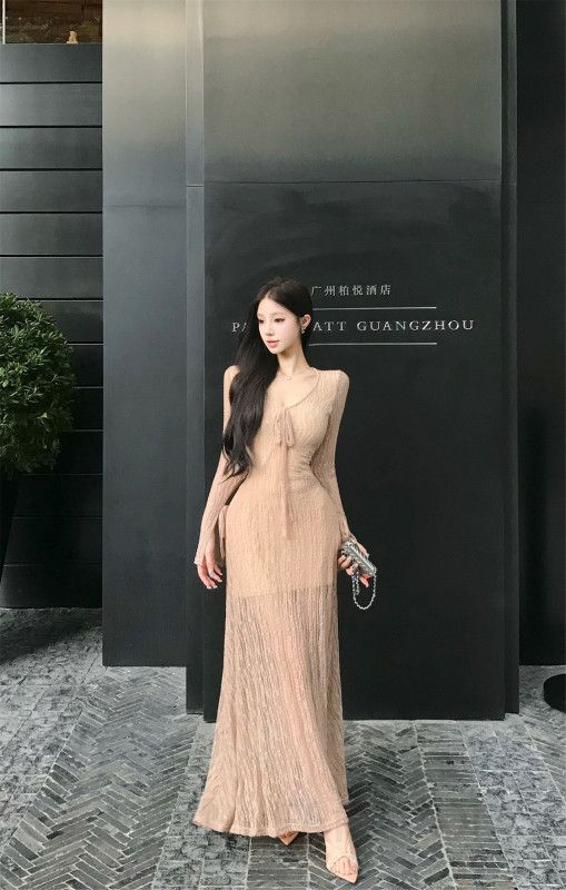 레이스 프렌치 맥시 드레스 여성용 여름 감각적 분위기 긴팔 하객룩 스타일 공주풍 우아한 디자인 시스루 레이어드룩 - 상세 이미지 4