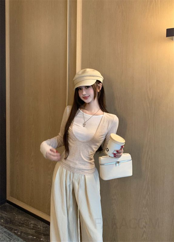 여성용 초가을 라이오셀 컬러매칭 페이크 투피스 세트 슬림 티셔츠와 캐주얼 와이드 팬츠로 구성된 스타일리시한 코디 아이템 - 상세 이미지 2