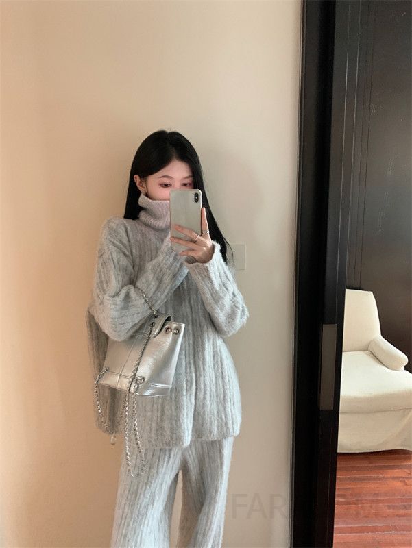 가을 겨울 여성용 알파카 울 니트 스웨터와 와이드 팬츠 세트 부드러운 착용감 캐주얼 스타일 데일리 편안한 외출룩 완성 - 상세 이미지 5