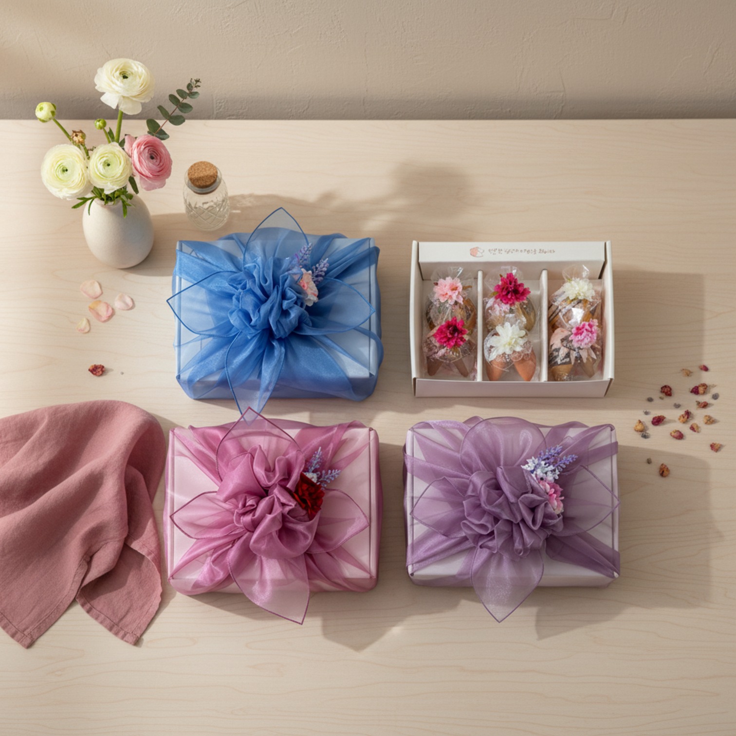 수제 천연 꽃 포춘쿠키 6구 선물세트 답례품 전통 보자기포장 쇼핑백 - 상세 이미지 3