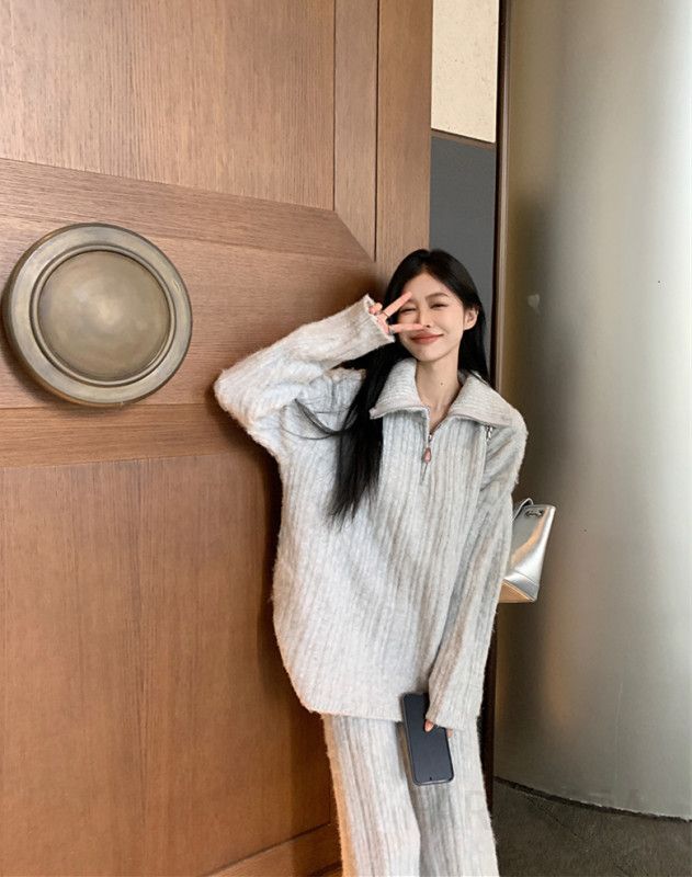 가을 겨울 여성용 알파카 울 니트 스웨터와 와이드 팬츠 세트 부드러운 착용감 캐주얼 스타일 데일리 편안한 외출룩 완성 - 상세 이미지 3