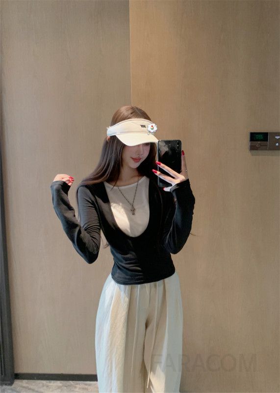 여성용 초가을 라이오셀 컬러매칭 페이크 투피스 세트 슬림 티셔츠와 캐주얼 와이드 팬츠로 구성된 스타일리시한 코디 아이템 - 상세 이미지 4