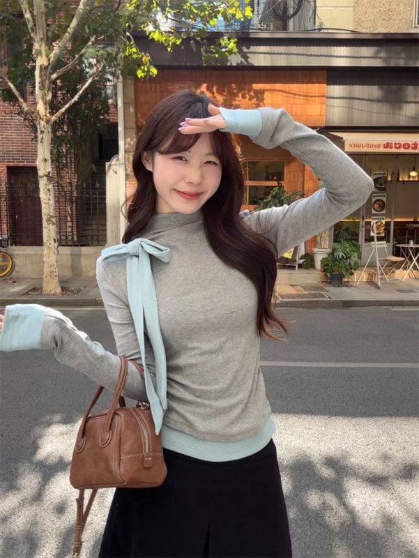 여성 하이 칼라 롱 슬리브 티셔츠 가을 겨울용 레이스업 디자인 니트탑 스타일리시한 이너웨어 데일리룩 편안한 착용감 따뜻한 느낌의 캐주얼 - 상세 이미지 3