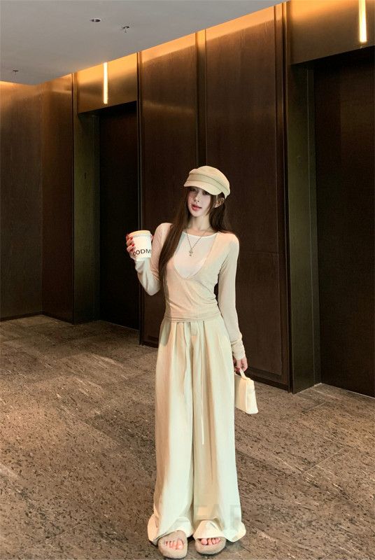 여성용 초가을 라이오셀 컬러매칭 페이크 투피스 세트 슬림 티셔츠와 캐주얼 와이드 팬츠로 구성된 스타일리시한 코디 아이템 - 상세 이미지 5