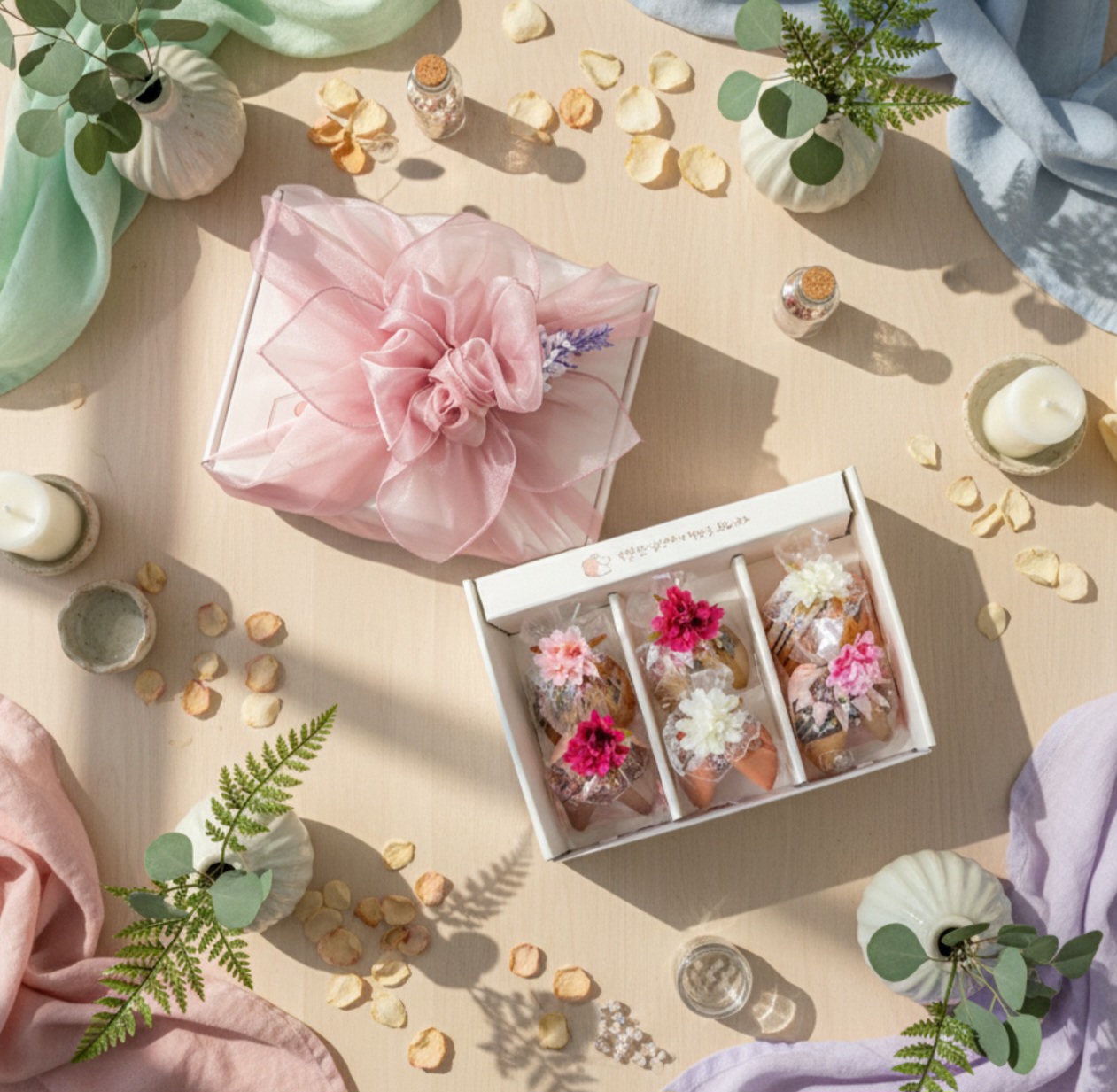 수제 천연 꽃 포춘쿠키 6구 선물세트 답례품 전통 보자기포장 쇼핑백 - 상품 이미지