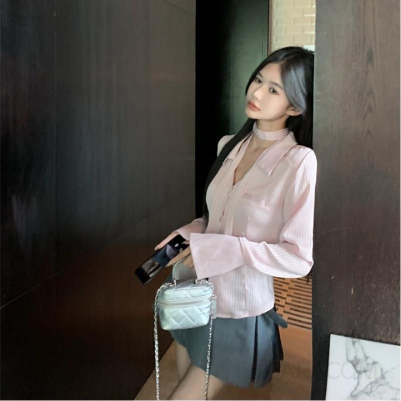 새틴 실키 긴팔 여성 타이블라우스와 스커트 세트 세련된 봄 가을 패션 스타일링 아이템 - 상세 이미지 5