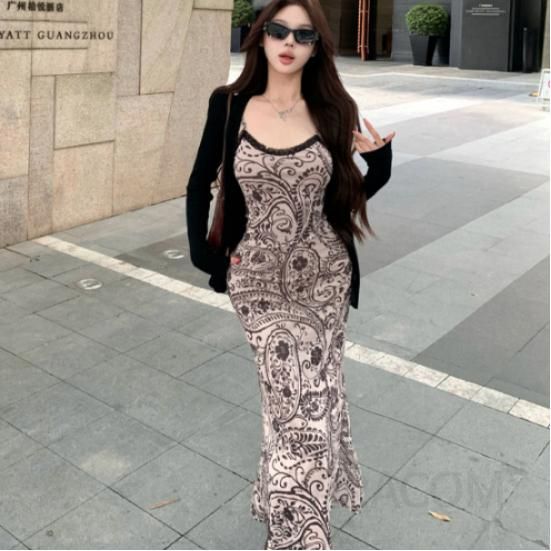 레이스 스플라이싱 레트로 프린트 여성 원피스 순면 스웨터 세트 가을 하객룩으로 적합한 스타일의 데일리 오피스룩