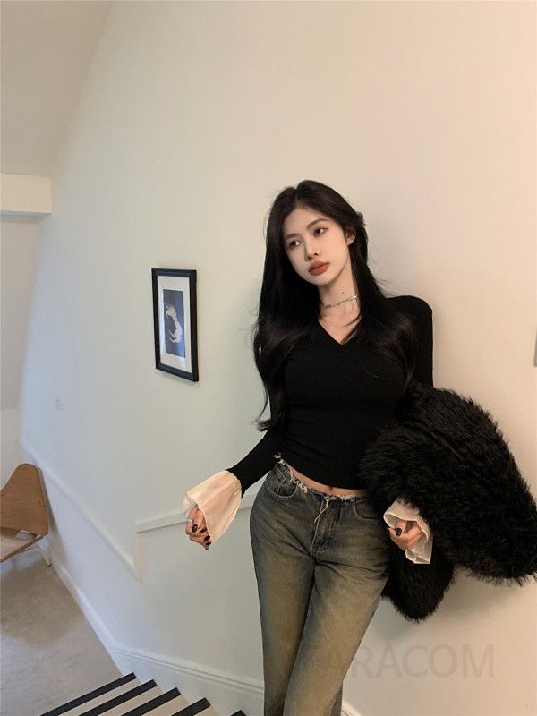 여성용 긴팔 티셔츠 가을 겨울 플레어 슬리브 스타일 레이어드 이너웨어 스플라이싱 디자인 캐주얼한 착용감 데일리 활용도 높은 - 상세 이미지 3
