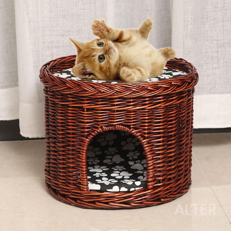 반려동물 고양이 라탄집 사계절 강아지 스크래쳐 방석 매트 쿠션 등나무 2층 원색 침대(5kg용) - 상세 이미지 5