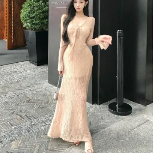 레이스 프렌치 맥시 드레스 여성용 여름 감각적 분위기 긴팔 하객룩 스타일 공주풍 우아한 디자인 시스루 레이어드룩