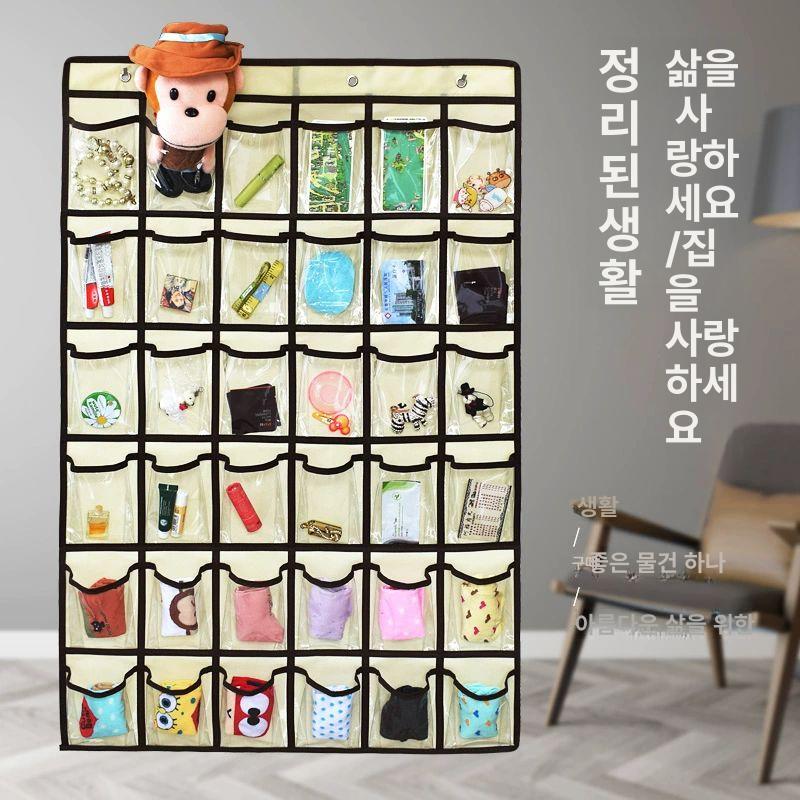 심플 36칸 액세서리 정리대 악세서리 천투명 투명 수납 소품함 베이지 수납정리함 수납함 12칸 포켓 투명 베이지그린 행잉 도어 후크 포함 - 상세 이미지 2