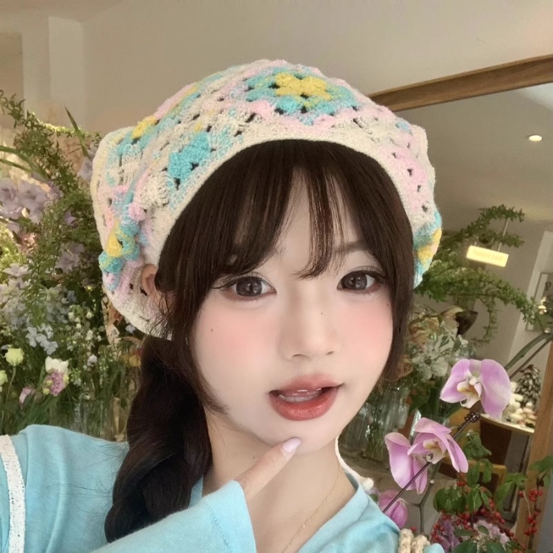 삼각 헤어스카프 머리 터번 커치프 여성용 플라워 답례 헤드스카프 베이지색 헤어커치프 컬러풀 플라워 - 상세 이미지 5