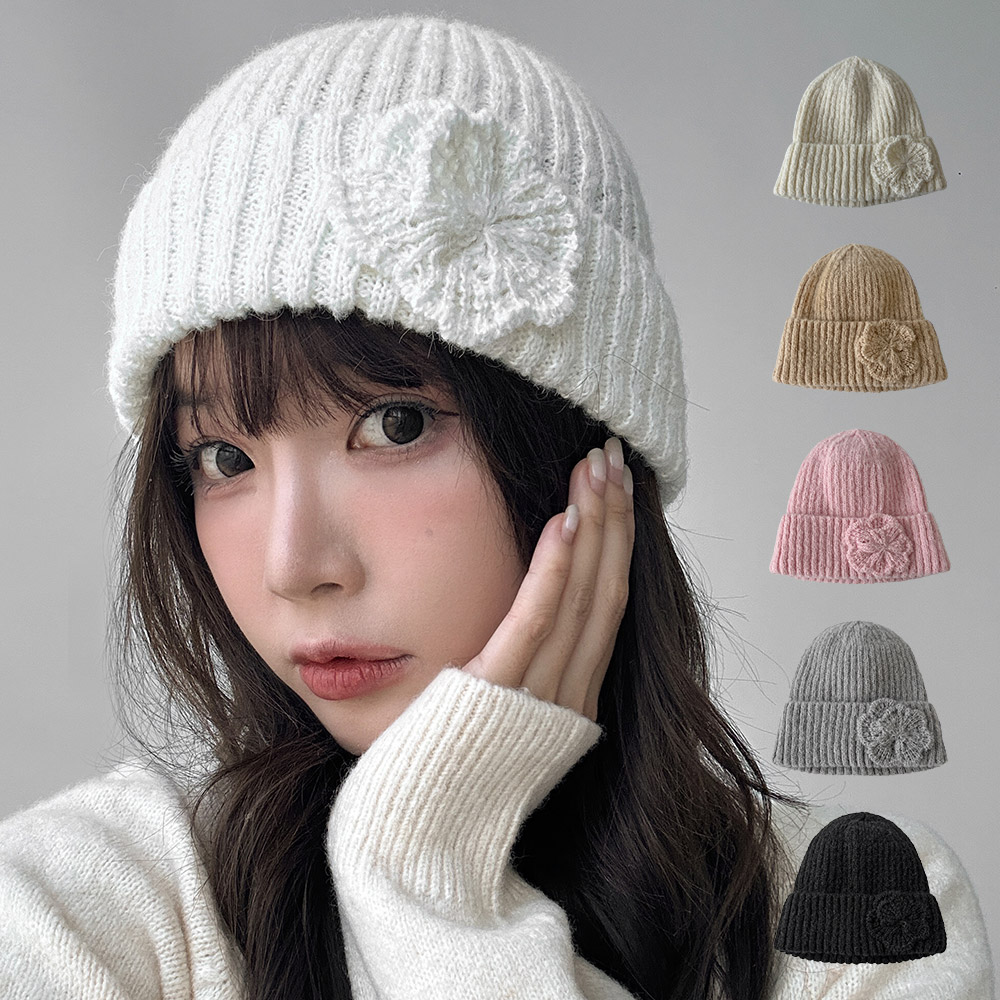알파카 니트비니 골지 플라워 겨울 여성 비니 - 상품 이미지