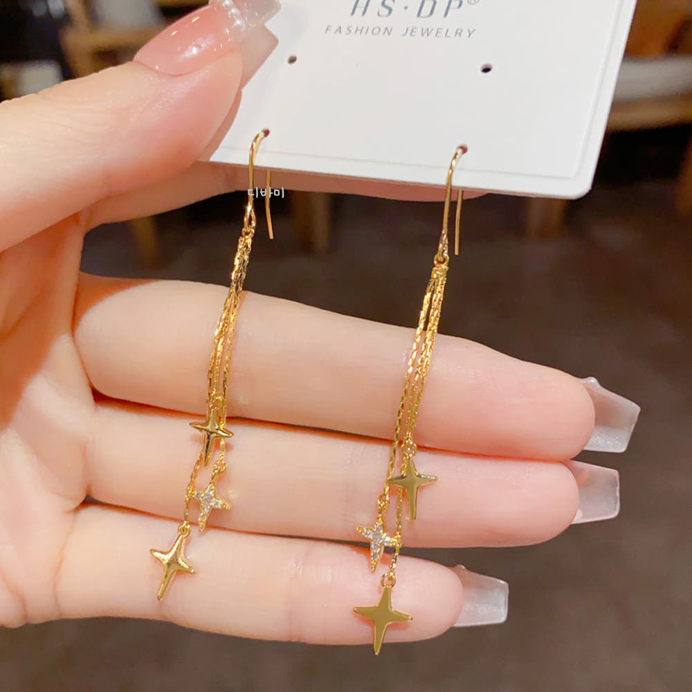 14K 언발란스 드롭 체인 큐빅 별귀걸이 슬림 롱 이어링 이미지 8