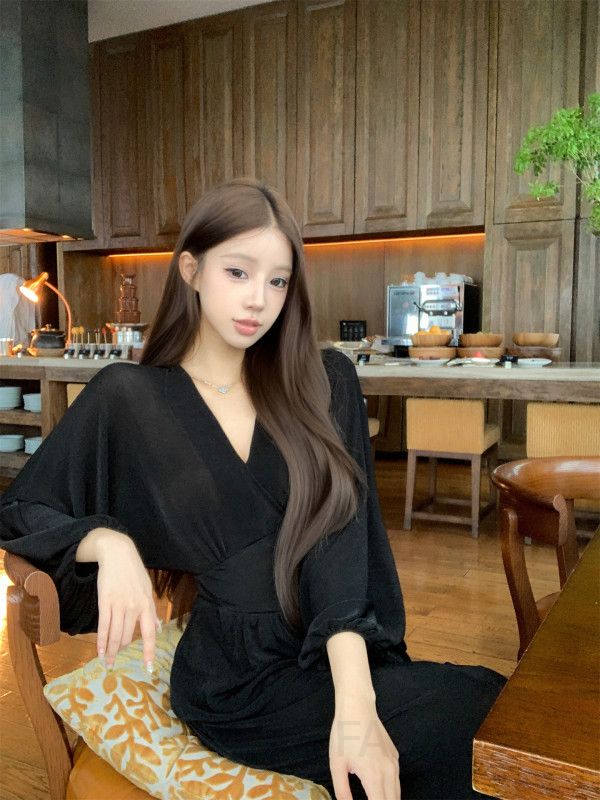 여름 바캉스룩 시스루 레이어드 망사 원피스 브이넥 퍼프소매 허리 플리츠 디자인으로 시원하고 고급스러운 여성 스타일 휴양지원피스 - 상세 이미지 3