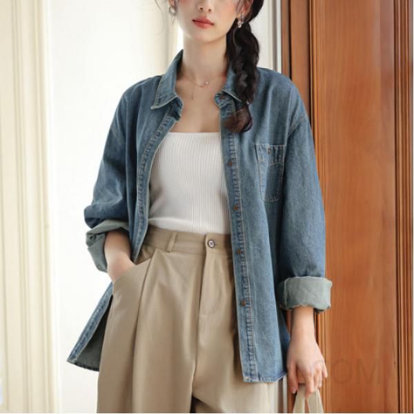 여성 자수 데님 셔츠 레트로 스타일 긴팔 셔츠 세련된 레이어드용 캐주얼한 블루 상의 데일리웨어로 적합한 스타일링 가능 - 상품 이미지