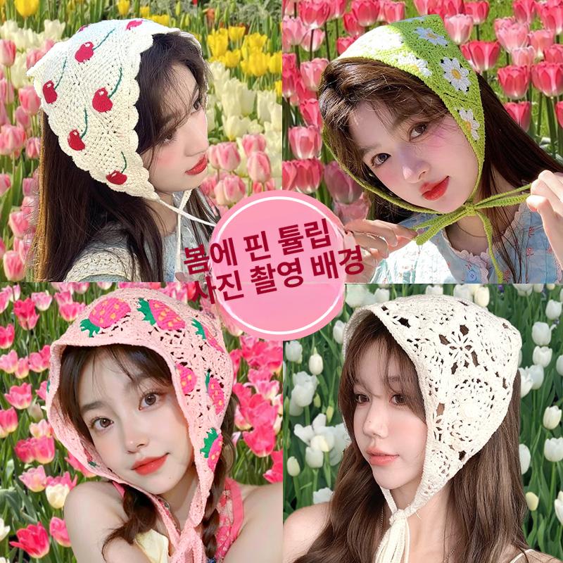 삼각 헤어스카프 머리 터번 커치프 여성용 플라워 답례 헤드스카프 베이지색 헤어커치프 컬러풀 플라워 - 상세 이미지 3
