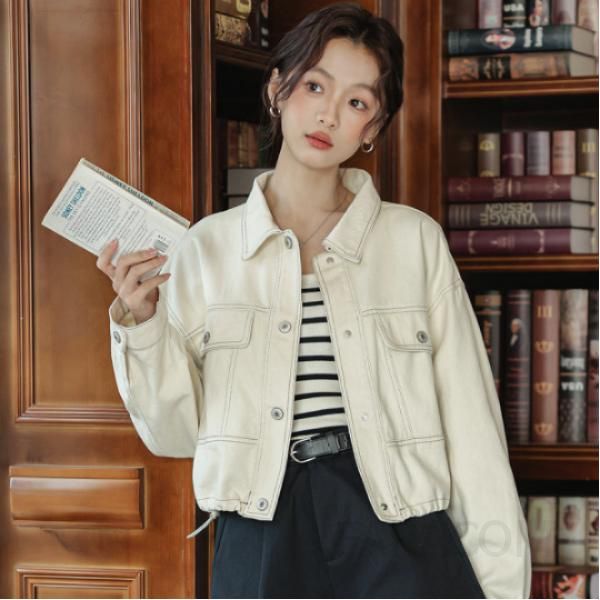 화이트 데코레이션 여성용 데님 재킷 다용도 캐주얼 스타일 가을 아우터 청자켓 오버핏 청자켓코디 데일리로 적합한 편안한 착용감 - 상품 이미지