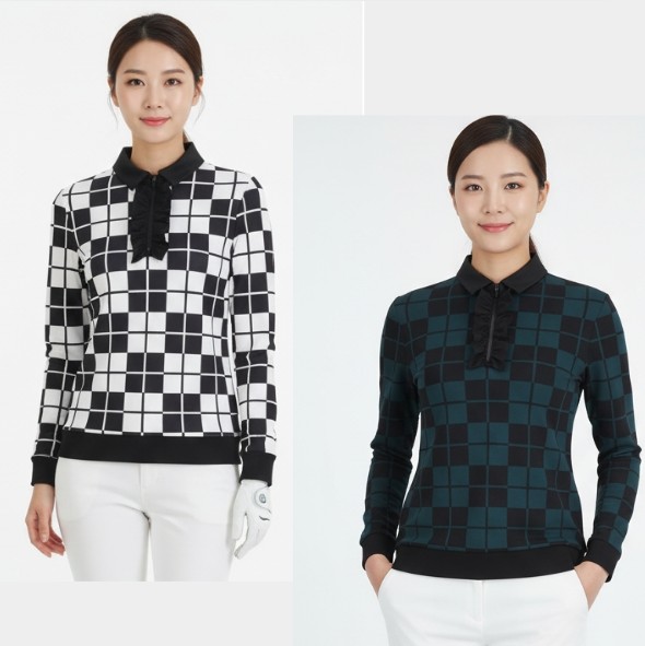 볼빅골프 여성 가을 르니퍼프 체크 프릴 넥 카라 필드룩 골프웨어 골프 티셔츠