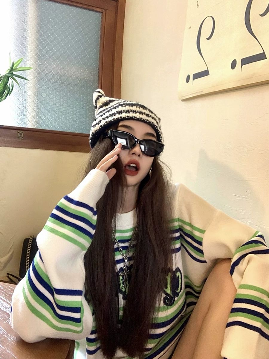스트라이프 가을 모자 니트 줄무늬 패션 고양이귀 니트모자 여성모자 블랙 스트라이프 M 56-58cm - 상품 이미지