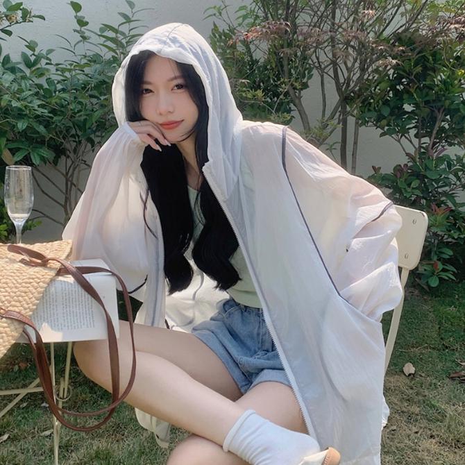 오버핏 여자 바람막이 시스루 가을 후드 바람막이 화이트 - 상품 이미지