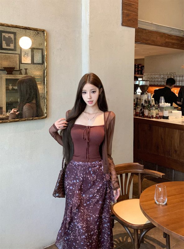 여성 얇은 긴팔 간절기 가디건 세트 초가을 자외선 차단 캐주얼 스타일 스커트 포함 활용도 높은 여성용 코디 아이템 - 상세 이미지 4