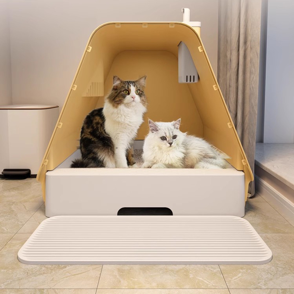 고양이 특대형 화장실 XL 밀폐형 고양이화장실 배변통 원목화장실 사막화방지 모래통 변기 노란색 밀폐형+모래삽 - 상세 이미지 2