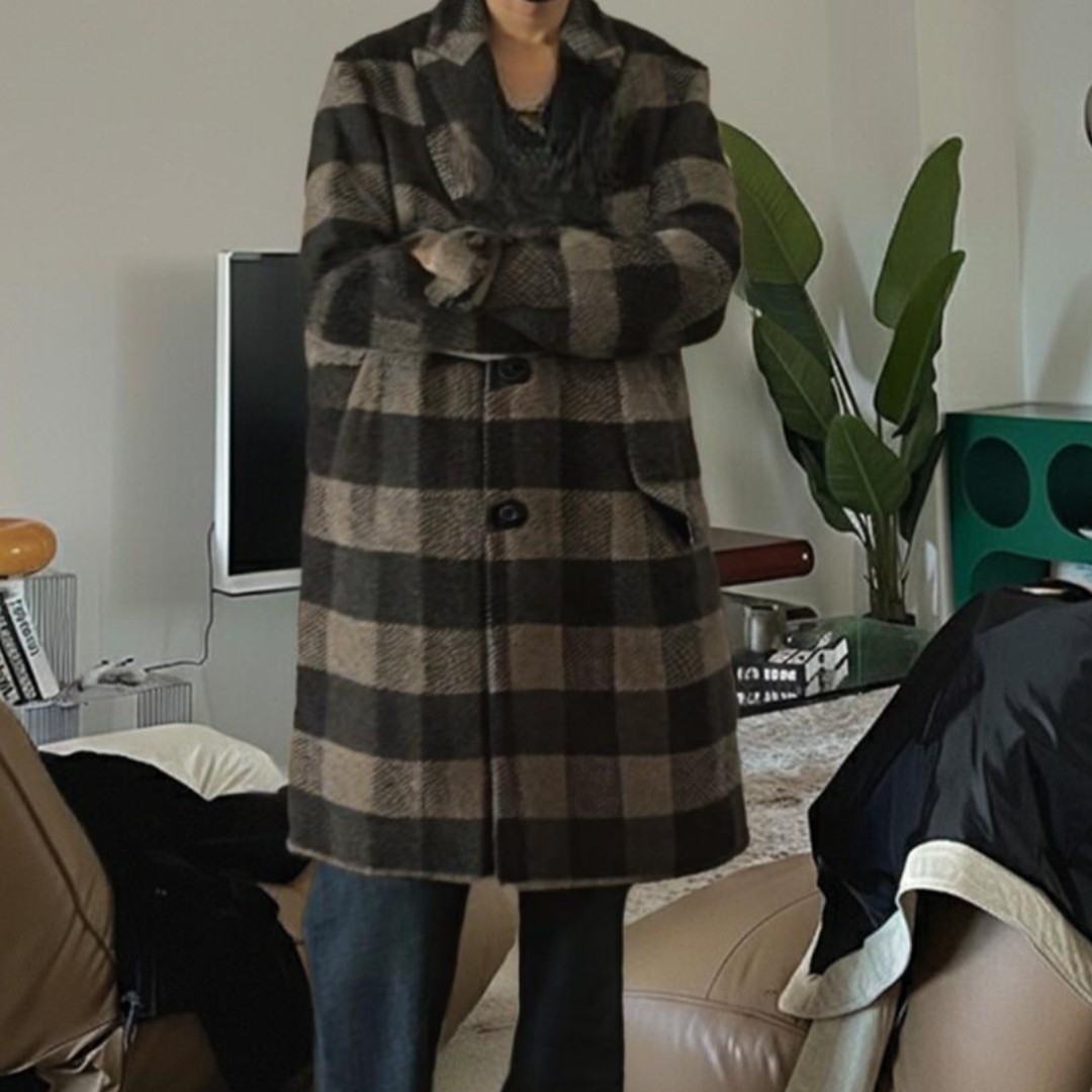 이스트로그 울 남성 카키 체크 롱 코트 이미지 6