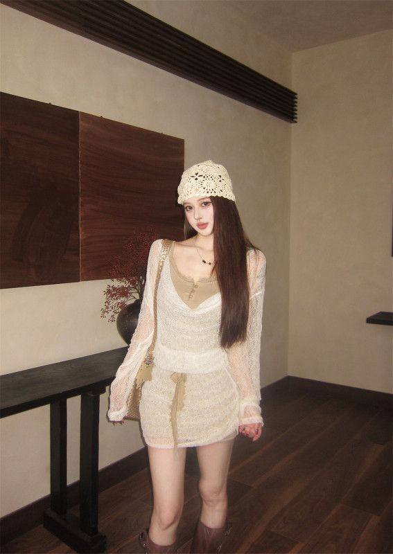 가을 여성용 레이스 스탠드 칼라 긴팔 드레스 슬림핏 레이어드 스타일 우아한 분위기 셀프 웨딩이나 피로연에 적합한 힙한 디자인 - 상세 이미지 2