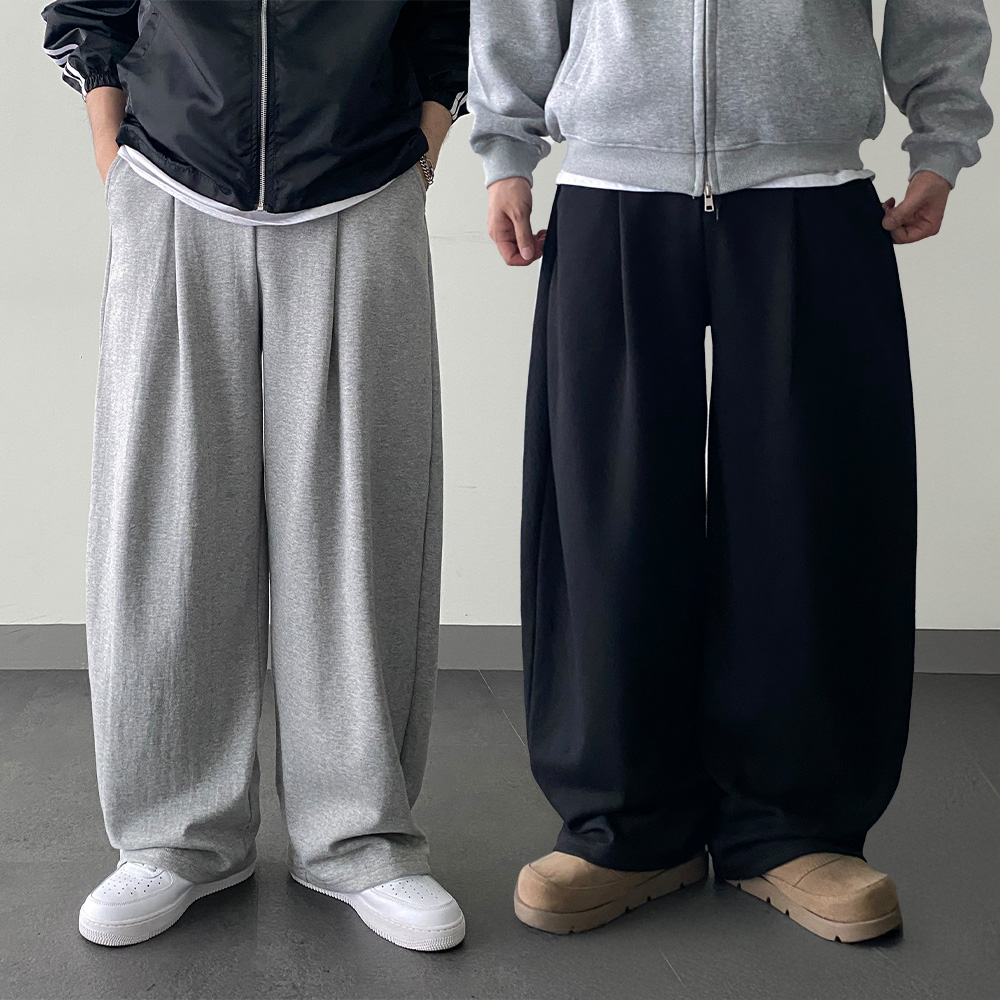 원턱 벌룬 남자커브드팬츠 스웻 통넓은 기모 트레이닝 통바지 - 상세 이미지 2