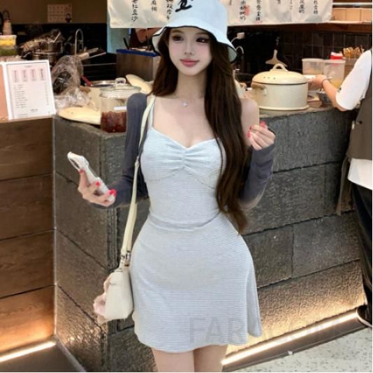 가을 여성 슬림핏 주름 원피스 세트 텐셀 가디건 포함 스타일리시한 니트 투피스 하객룩 데일리룩