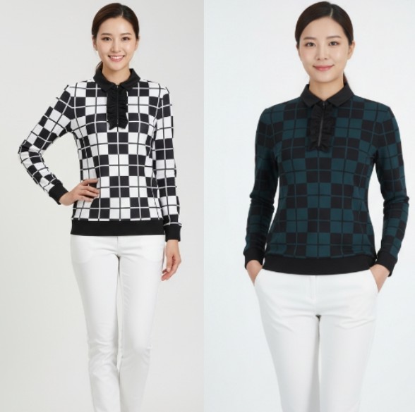 볼빅골프 여성 가을 르니퍼프 체크 프릴 넥 카라 필드룩 골프웨어 긴팔 티셔츠