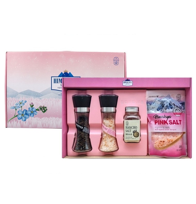 핑크소금 선물세트 8호 (통후추그라인더100g+핑크소금그라인더180g+함초소금(150g)+핑크소금파우치(250g) - 상품 이미지