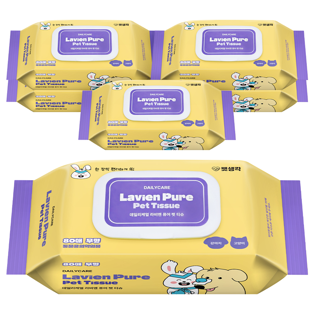 펫생각 도톰한 80매 6팩 고양이 강아지 물티슈 유기농 저자극 바디 애견 펫 티슈 엠보