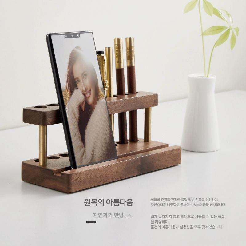 만년필 거치대 꽂이 호두색 정리함 다기능 책상 볼펜 보관함 펜홀더 펜받침대 너도밤나무 붓 호두나무 펜 홀더 골드 - 상세 이미지 3